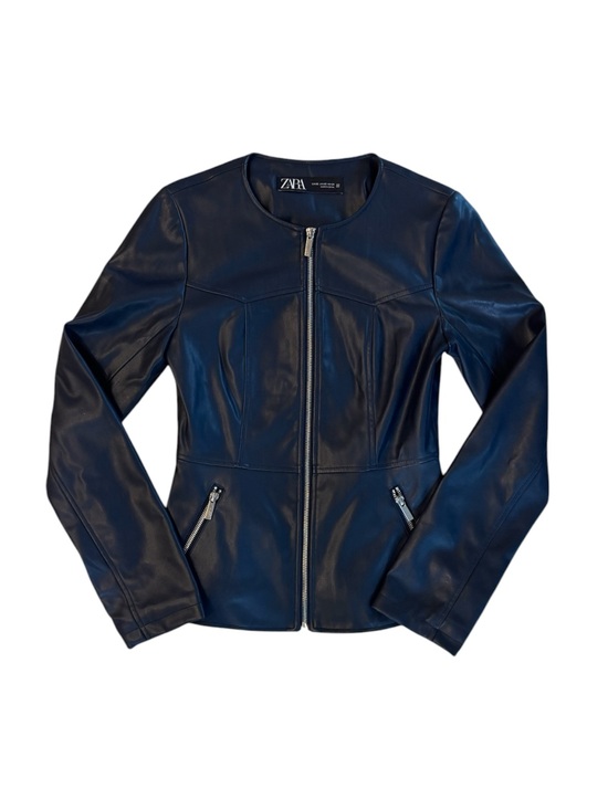 Zara Jackets & Blazers - Zara Navy Blue Faux Leather Collarless Moto Jacket XS Minimalist Clean Girl